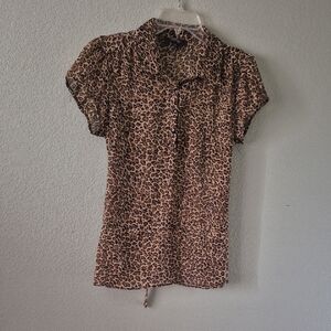 Leopard Print Short Sleeve Blouse - Brown